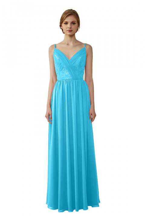 Double Spaghetti Straps Draped Lace Open-back Chiffon Bridesmaid Dress