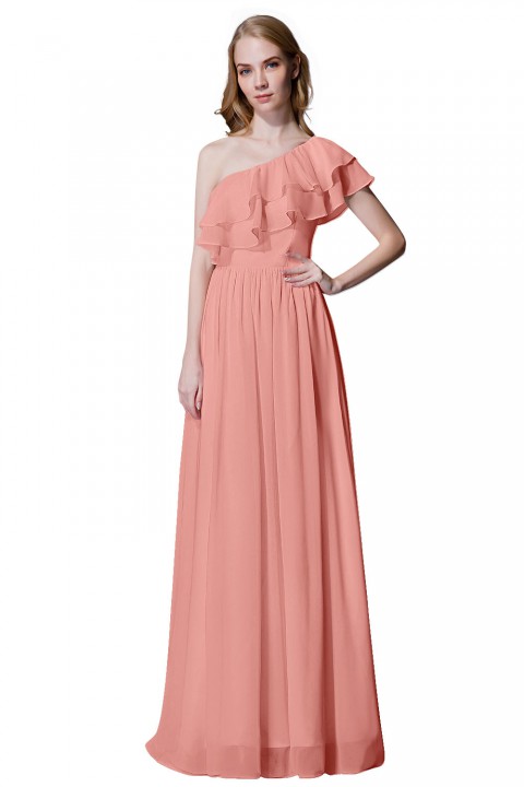 Asymmetrical One-Shoulder Flounce Chiffon Bridesmaid Dress Long