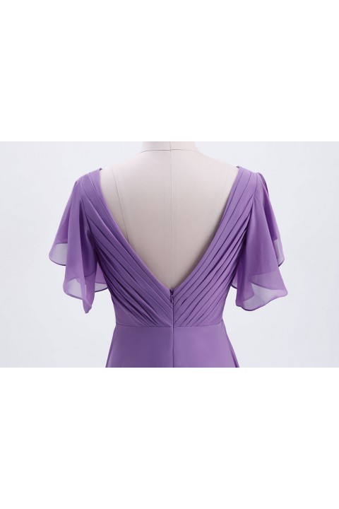 Flutter Sleeve Chiffon Ruched V Back Bridesmaid Dress Long