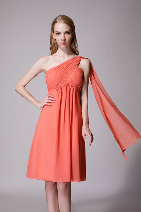 One-Shoulder Pleated Chiffon Short Bridesmaid Dress With Flowing Cape