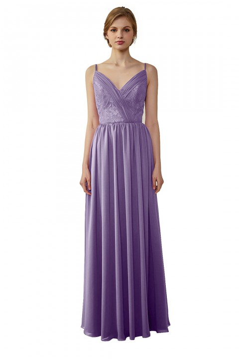 Double Spaghetti Straps Draped Lace Open-back Chiffon Bridesmaid Dress