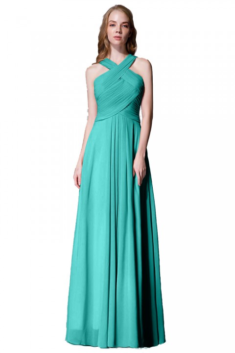 Chic Criss-cross Halter Pleated Chiffon Bridesmaid Dress Long