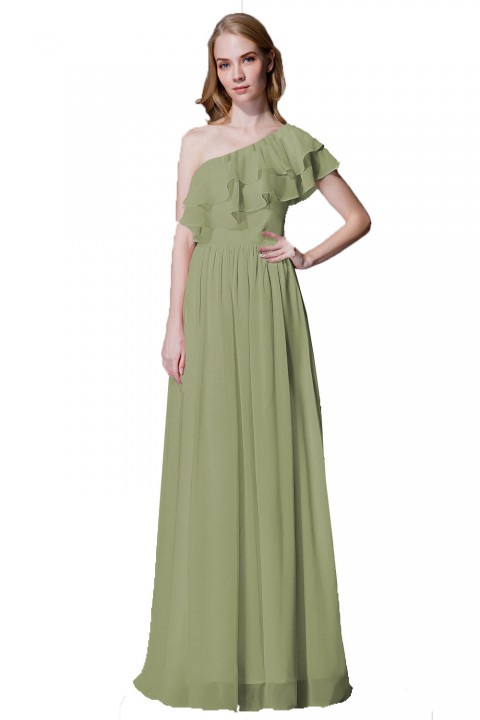 Asymmetrical One-Shoulder Flounce Chiffon Bridesmaid Dress Long