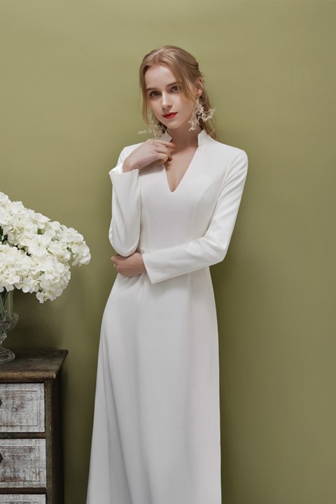 Long Sleeve V Neck Lace Back Casual Satin Wedding Dress