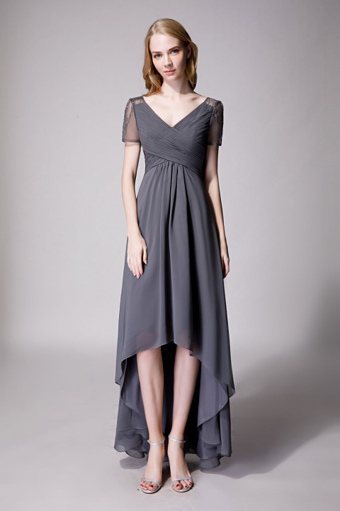 Clearance | Criss Pleated V-neck High-low Chiffon Bridesmaid Dress with Illusion Sleeves