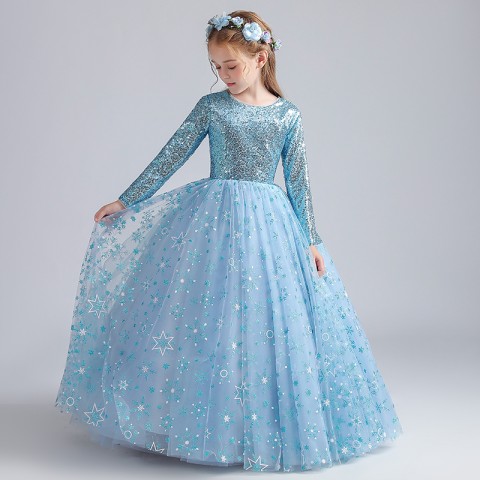 Ice Blue Round Neck Long Sleeves Sequins Decor Tulle Skirt Girls Pageant Dresses