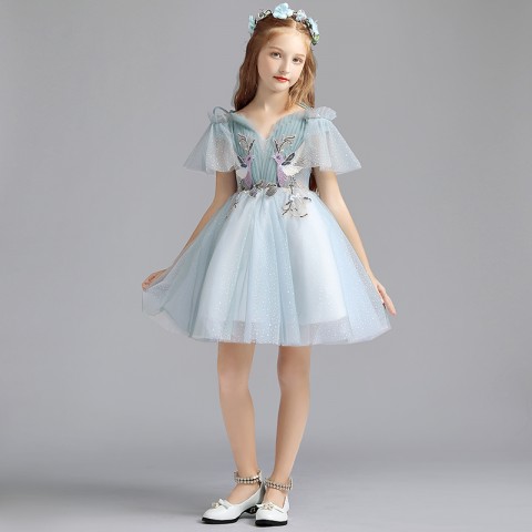 Dusty Blue Double Bow Straps Sequin Embroidered Tulle Short Skirt Girls Pageant Dresses