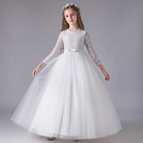 White Long Sleeve Lace Embroidery Bow Decor Tulle Skirt Girls Pageant Dresses
