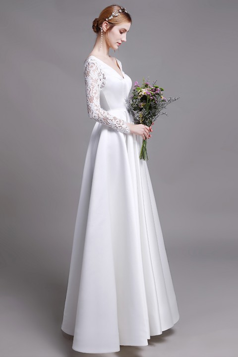 Lace Long Sleeve V Neck & Back A-Line Satin Wedding Dress