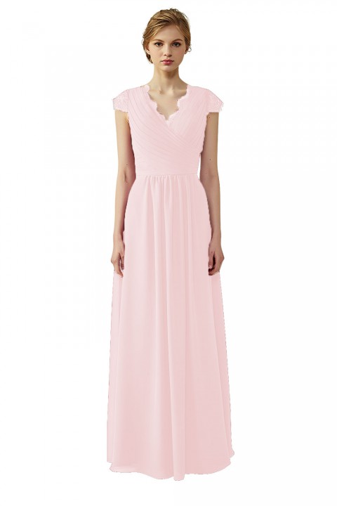 Lace Cap Sleeves  V-Neck Lace Back Closure with Keyhole Bridesmaid Dress