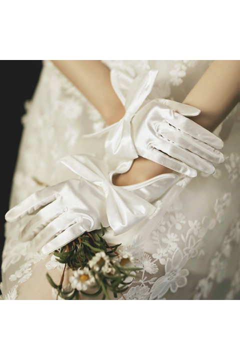 White Big Bow Decor Bright Satin Wedding Bridal Gloves