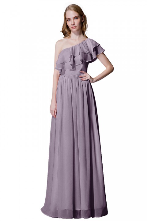 Asymmetrical One-Shoulder Flounce Chiffon Bridesmaid Dress Long