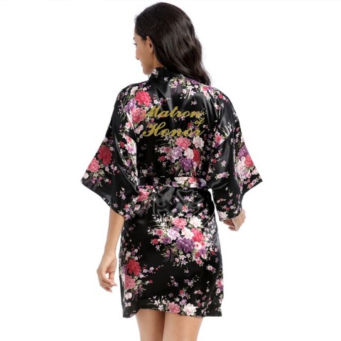 Floral Slogan Printed Tied Waist Silk Marton of Honor Robe