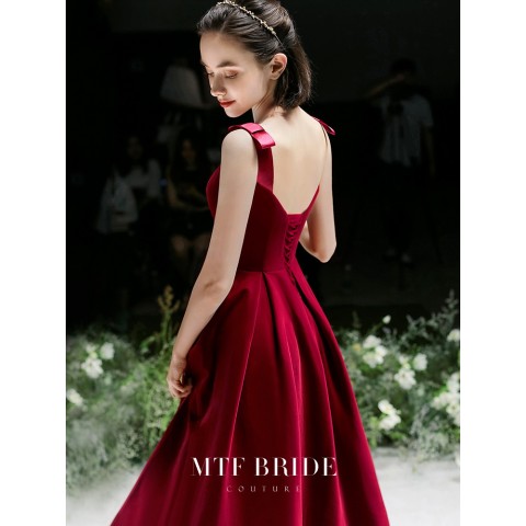 Burgundy Bowknot Decor Straps Velvet Party Dress