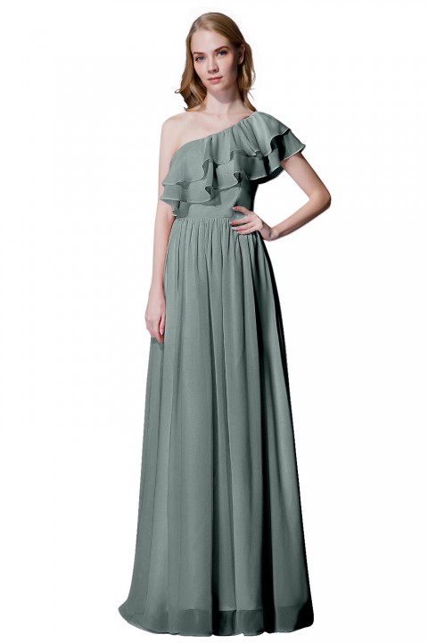 Asymmetrical One-Shoulder Flounce Chiffon Bridesmaid Dress Long