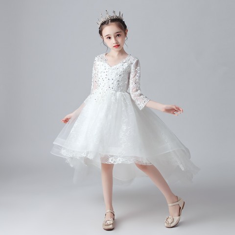 White Short Sleeves Princess Tulle Skirt After Short Before Long Flower Girl Dresses