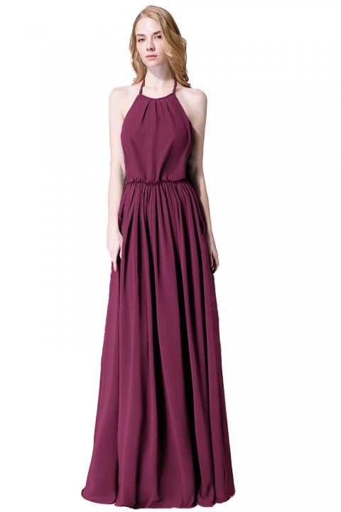 Halter Spaghetti Strap Open Back Chiffon Bridesmaid Dress with Sash