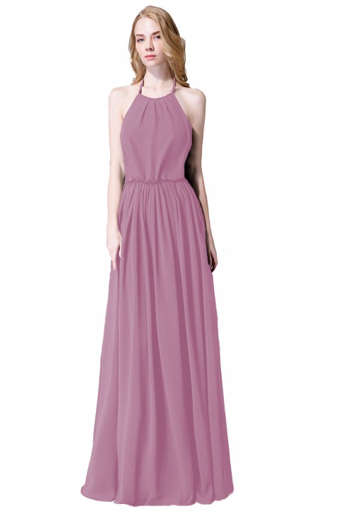 Halter Spaghetti Strap Open Back Chiffon Bridesmaid Dress with Sash