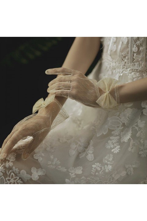 Champagne Bow Decor Thin Tulle Wedding Bridal Gloves