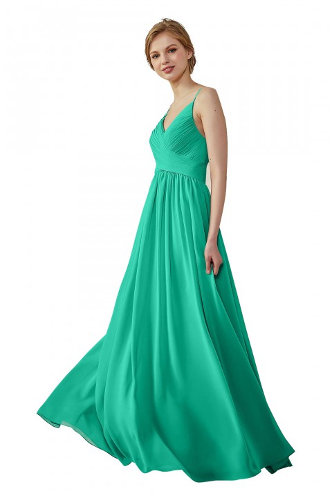 Spaghetti Straps Pleated Low V Back Bridesmaid Dress