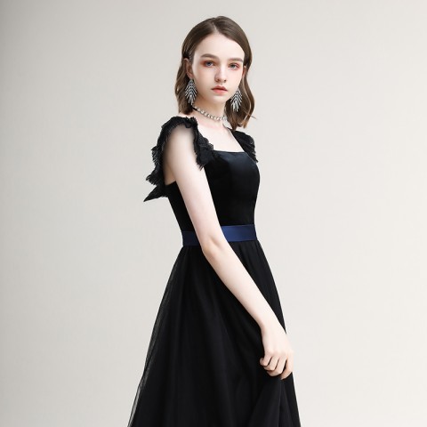 Black Strapless Square-cut Collar Corset Tulle Skirt Velvet Party Dress