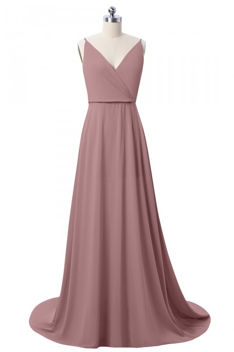 Low V Neck & Back Spaghetti Straps Bridesmaid Dress with Train