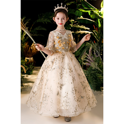 Champagne Sequin Round Neck Long Sleeves Princess Tulle Skirt Flower Girl Dresses 