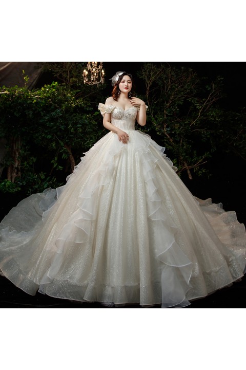 Plus Size 2021 Off Shoulder Short Sleeves Sequined Layer Ruffle Shiny Tulle Wedding Dress With Long Train
