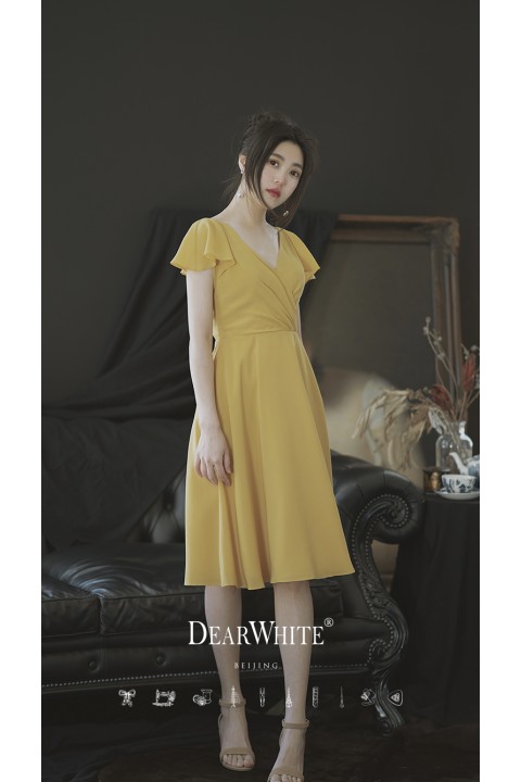 Yellow V Neck Short Cap Sleeves Wrap High Waist  Chiffon Bridesmaid Dress