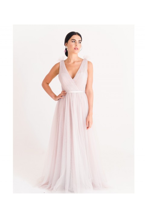 Pink Double V Neck Sleeveless High Waist Chiffon Bridesmaid Dress