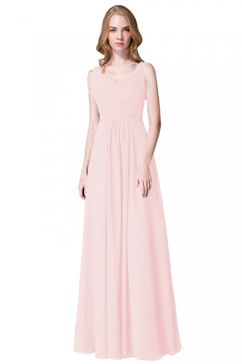 Elegant V-Back Chiffon Tank Bridesmaid Dress with Mesh Lace Inset