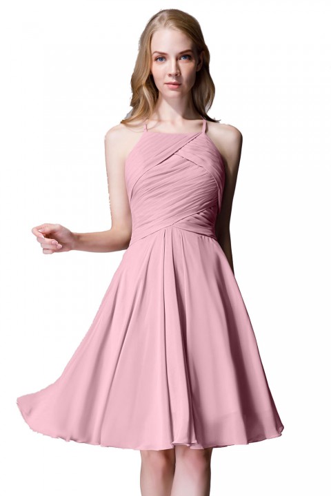 Elegant Halter Tea Length Pleated Chiffon Bridesmaid Dress with Tie Back