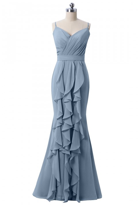 Spaghetti Strap V Neck Ruched Bodice Chiffon Mermaid Bridesmaid Dress with Ruffles Decorated Skirt