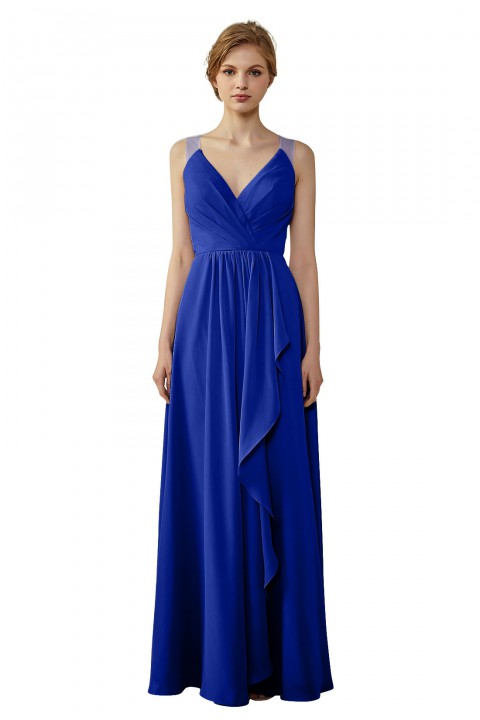 Lace Illusion Back Clousre Tulle Strap V-Neck Bridesmaid Dress with Ruffle