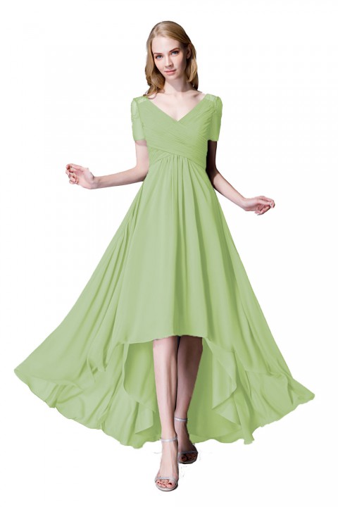 Criss Pleated V-neck High-low Chiffon Bridesmaid Dress with Illusion Sleeves