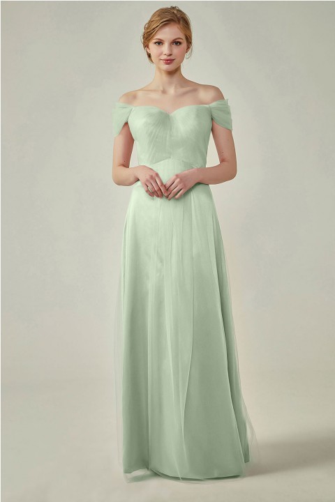 Simple Off the Shoulder Tulle Sweetheart Column Bridesmaid Dress