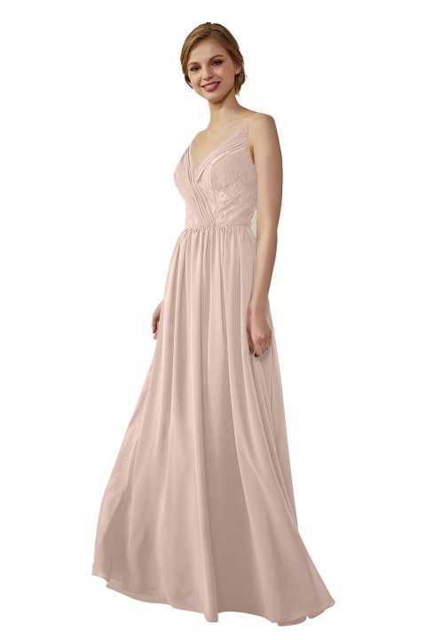 Double Spaghetti Straps Draped Lace Open-back Chiffon Bridesmaid Dress