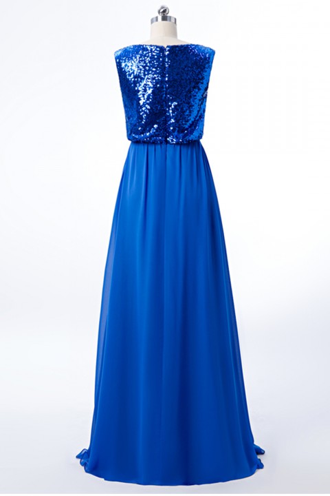 Boatneck Sequin Top Cap Sleeves Bridesmaid Dress with Chiffon A-line Skirt