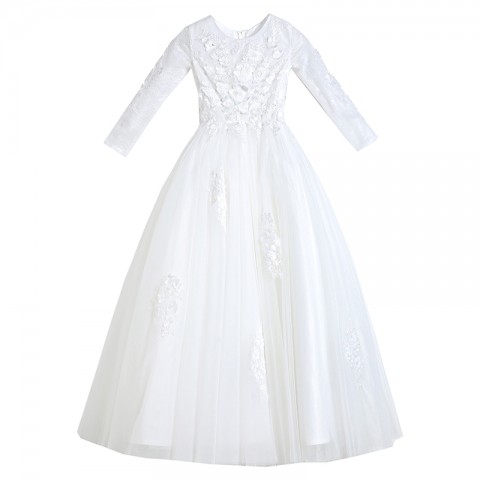 White Round Neck Long Sleeves Embroidered Flower Tulle Skirt Girls Pageant Dress