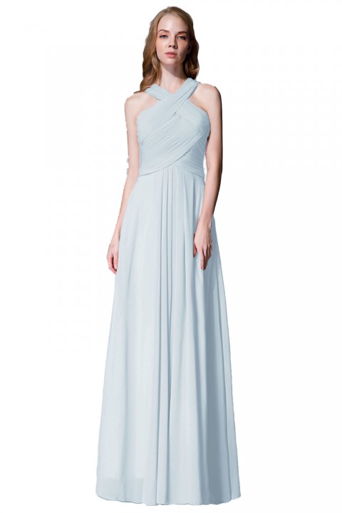 Chic Criss-cross Halter Pleated Chiffon Bridesmaid Dress Long