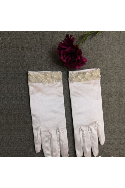 Vintage White Pearl Decor Satin Wedding  Bridal Gloves