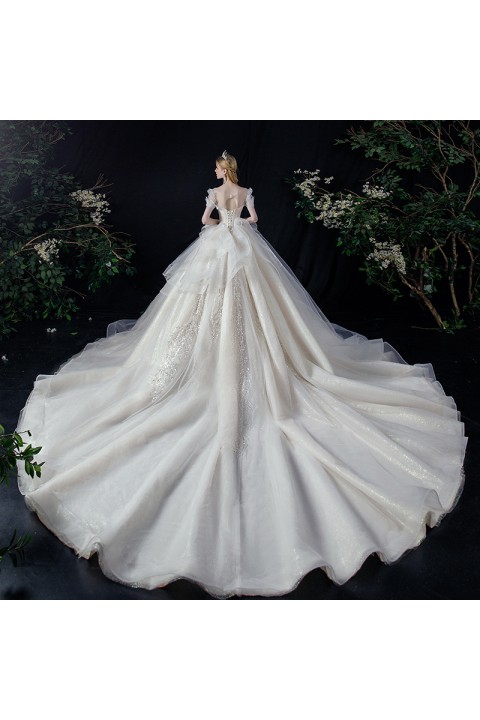 New 2021 Princess Short Sleeves Beads Decor Flounce Hemline Sequin Embroidered Tulle Wedding Dress With Long Train