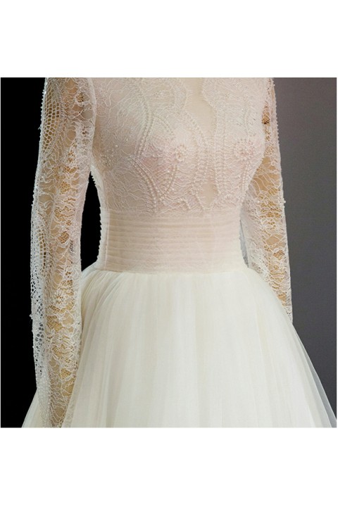 Long Sleeve Pearl Beaded Lace Bodice Wedding Dress with Tulle Skirt