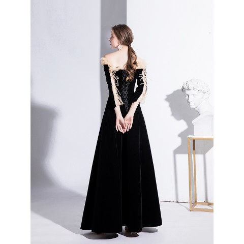 Black Elegant Off Shoulder Long Sleeves Velvet Party Dress