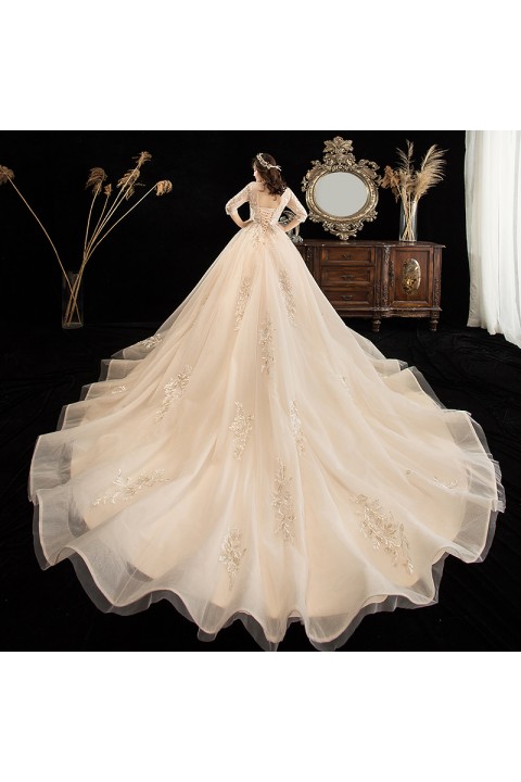Plus Size 2021 High Lace Neck Half Sleeves Sequin Decor Emboridered Flower Tulle Wedding Dress With Long Train