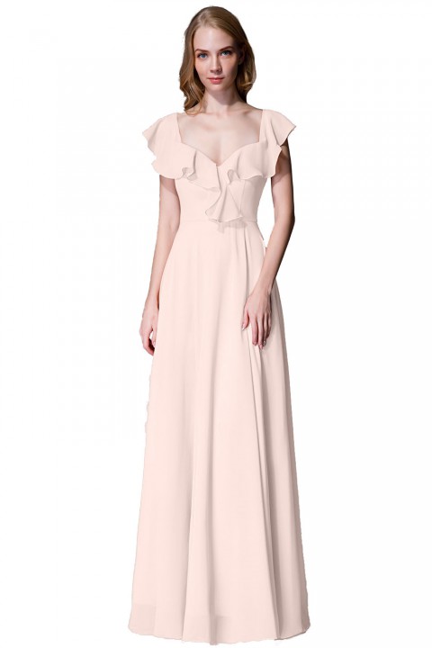 V Neck Cascading Ruffles Sleeve Bow Back Bridesmaid Dress 