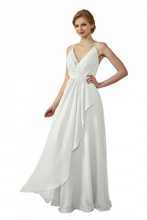 Lace Illusion Back Clousre Tulle Strap V-Neck Bridesmaid Dress with Ruffle