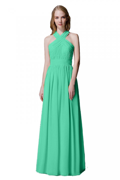 Criss-cross Halter Pleated Chiffon Bridesmaid Dress with Cross-straps Back