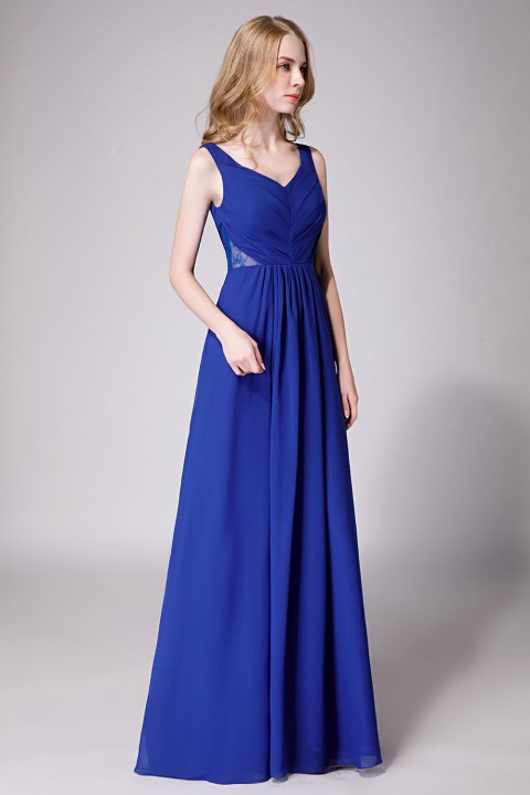 Elegant V-Back Chiffon Tank Bridesmaid Dress with Mesh Lace Inset