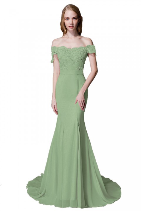 Elegant Mermaid Off Shoulder Chiffon Lace Straight Bridesmaid Dress with Train